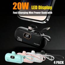 5000mAh Mini Portable Charger 20W Fast Charging Power Bank With Built-In USB-C & Lightning Cables, LED Display, Compact Travel External Battery Pack For IOS & Android Devices,4PCS - Pink - View 3