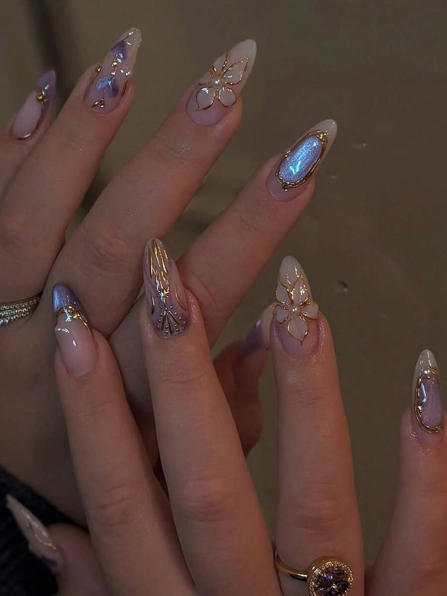 30pcs Press On Almond Shaped Nail Patch,Luxury Full Coverage Of Vacation Style Nail Art,Cat's Eye Pearl Hand Drawn Flower,Reusable,Contain 1pc Jelly Gel And 1pc Nail File, Suitable For Women/Girls' Daily Life,Holidays, Travel,Party ﻿ ﻿ ﻿ Nails - Multicolor - View 1