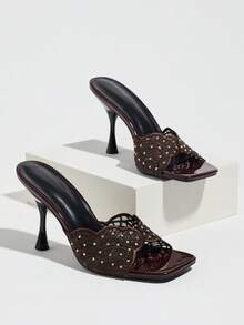 Jin Bei Qi Women's Slip-On Luxury Mesh Rhinestone Embroidered Square Toe Fan-Shaped Textured High-End Comfortable Wine Glass Heel Open Toe Sexy High Heel Party Shoes Brown - Brown - View 5
