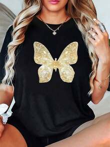 Frühlings-/Sommer-T-Shirt Mit Goldenem Schmetterlingsmuster, Rundhalsausschnitt Und Kurzen Ärmeln, Damenoberteil Aus 100 % Baumwolle - A-1 - 查看 1