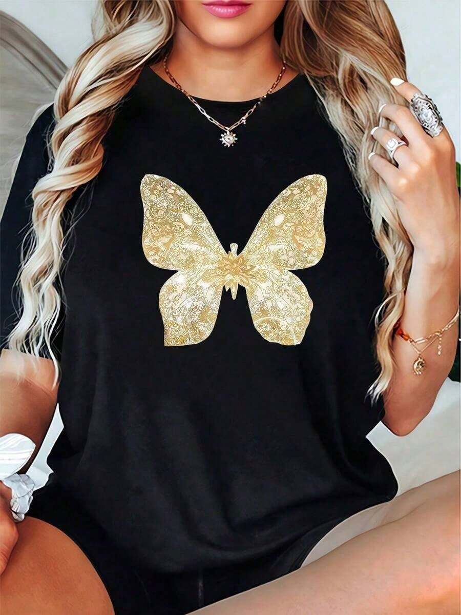 Frühlings-/Sommer-T-Shirt Mit Goldenem Schmetterlingsmuster, Rundhalsausschnitt Und Kurzen Ärmeln, Damenoberteil Aus 100 % Baumwolle - A-1 - 查看 1
