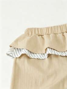 Girls Casual Grey Patchwork Ruffle Hem Long Pants, Girls Striped Ruffle Decor Straight Leg Casual Pants - Ginger - View 5