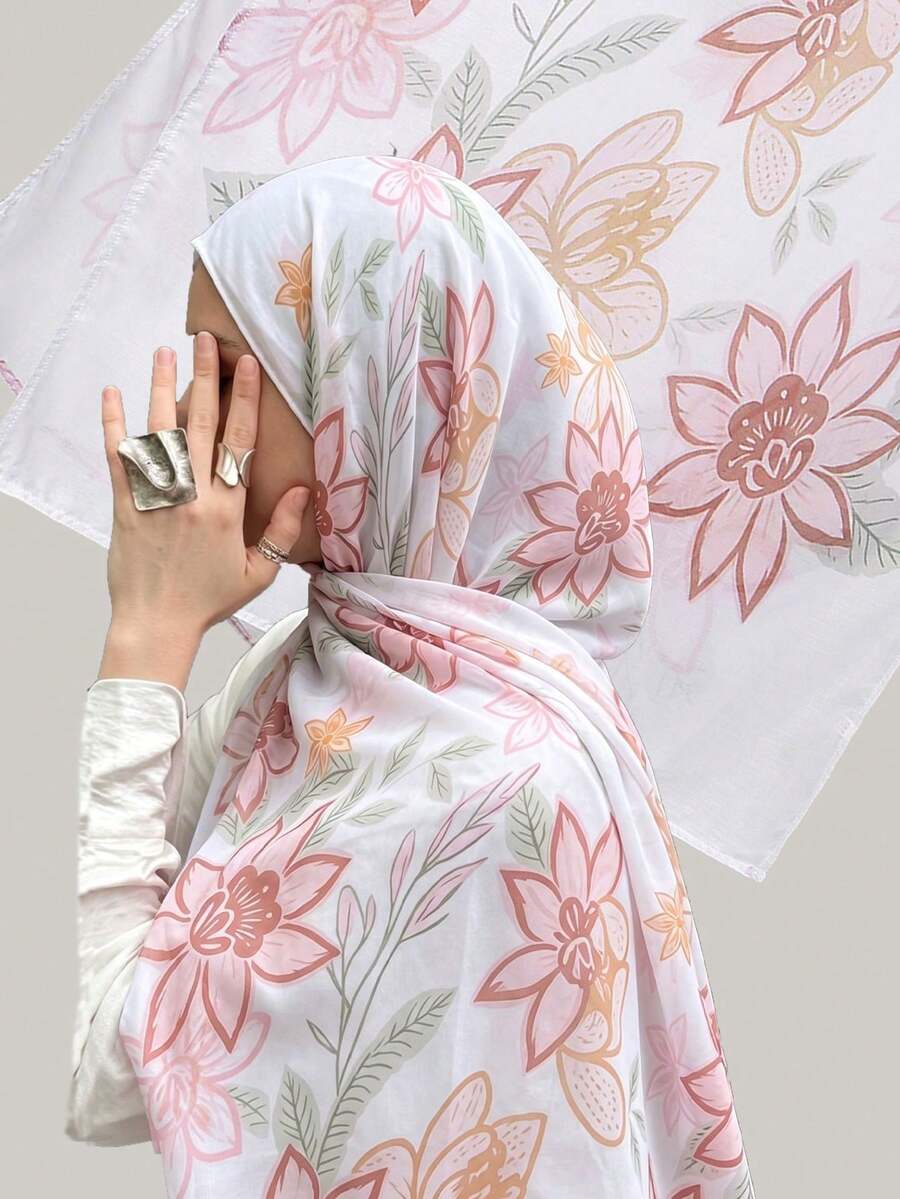 1件裝女款粉色花卉寬邊印花希賈布頭巾，印花希賈布，薄紗，紮染拼接配色高端清新柔軟風格長圍巾，水彩面紗希賈布頭巾時尚百搭，多功能圍巾防曬防風，適合四季，清新柔軟適合日常穿著 - 彩色 - 查看 1