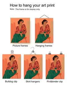 1件復古現代優雅女性帆布壁畫，素描風格時尚女性肖像藝術，橘綠波希米亞風牆飾，適合臥室、客廳裝飾，無框 - 彩色 - 查看 4