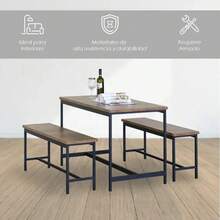 Dark Brown Rectangular Dining Set With 2 Benches For 4 People, Plain Design - Black - View 3