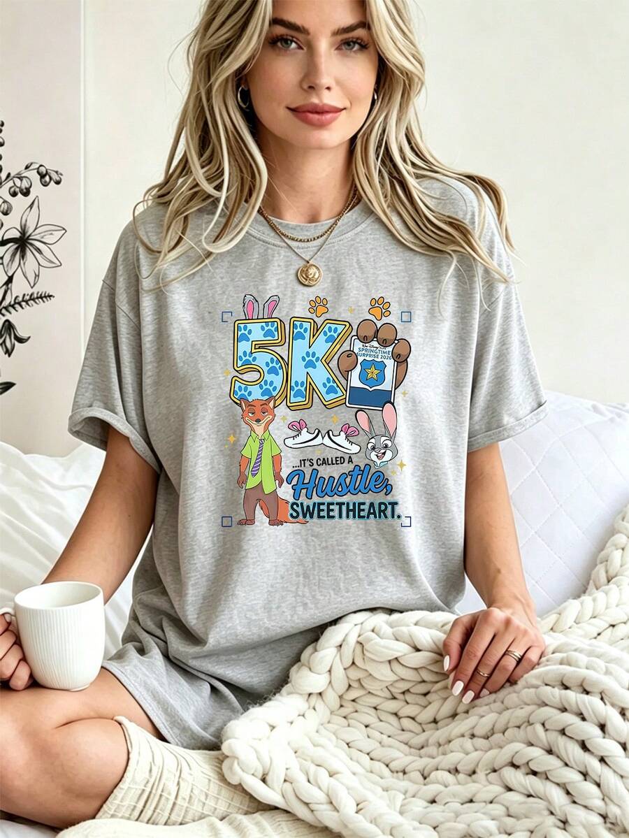 Breathable Cotton Disney Fan Tee | "Zootopia" Judy Hopps & Nick Wilde Running Print | Fun Race Short-Sleeve Shirt - Xám - Xem 1