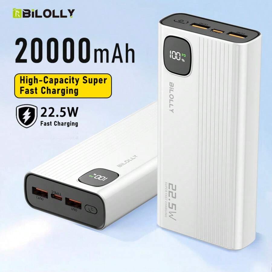 BiLOLLY 20,000 MAh High-Capacity Power Bank, 22.5W Fast Charging Portable Power Bank With Real-Time Battery Level Display, DP 20W Fast Charging, Ultra-Slim Design, Supports Type-C Bidirectional Charging, Portable External Battery Pack Compatible With IPhone 16/15/14/13/12/11 And Android Series. - White - View 1