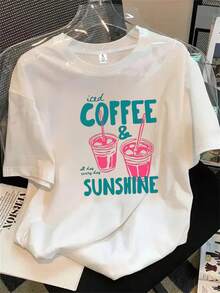 Camisa de mujer de manga corta y cuello redondo con estampado de logotipo de café y sol, apta para todas las estaciones. - Blanco - Ver 1