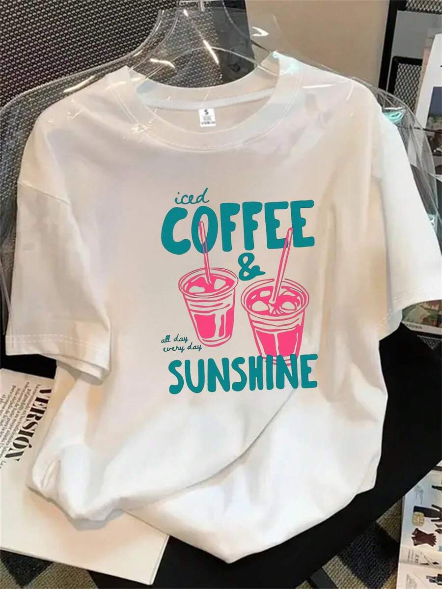 Camisa de mujer de manga corta y cuello redondo con estampado de logotipo de café y sol, apta para todas las estaciones. - Blanco - Ver 1