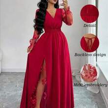 xuehuamaoyi02  Vestido elegante de mujer con cuello en V profundo, parche de encaje, manga larga y abertura alta, adecuado para graduación, vacaciones, Día de San Valentín, festivales de música, Día de la Madre, Acción de Gracias, Pascua, Día Nacional, bailes, citas, fiestas, bodas, actividades al aire libre, primavera/verano - Rojo - Ver 1