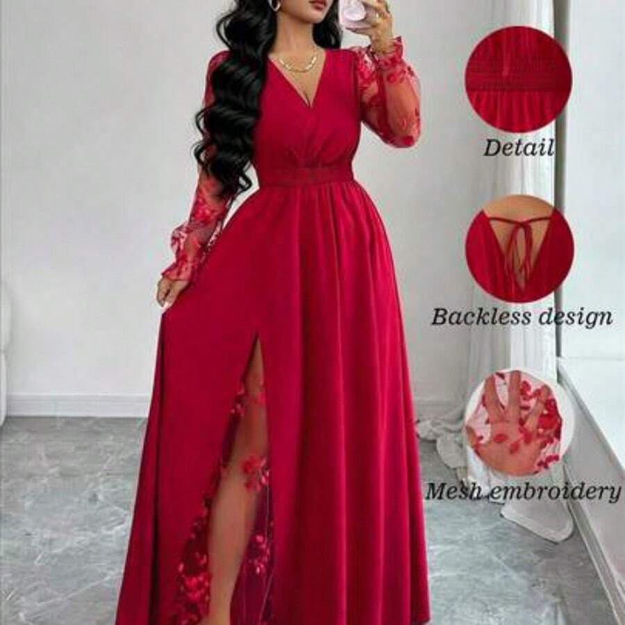 xuehuamaoyi02  Vestido elegante de mujer con cuello en V profundo, parche de encaje, manga larga y abertura alta, adecuado para graduación, vacaciones, Día de San Valentín, festivales de música, Día de la Madre, Acción de Gracias, Pascua, Día Nacional, bailes, citas, fiestas, bodas, actividades al aire libre, primavera/verano - Rojo - Ver 1