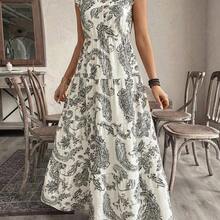 dagjydgfyja  Vestido casual de vacaciones y citas con cuello en V, cintura fruncida y estampado de flores de anacardo para mujer - Blanco y Negro - Ver 6