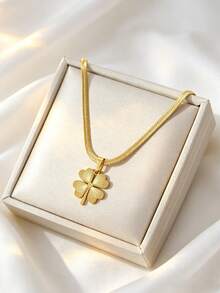 Titanium Steel Clover Necklace And Earring Set, Herringbone Chain, Low Allergy Jewelry For Daily Wear - Yellow Gold - View 7