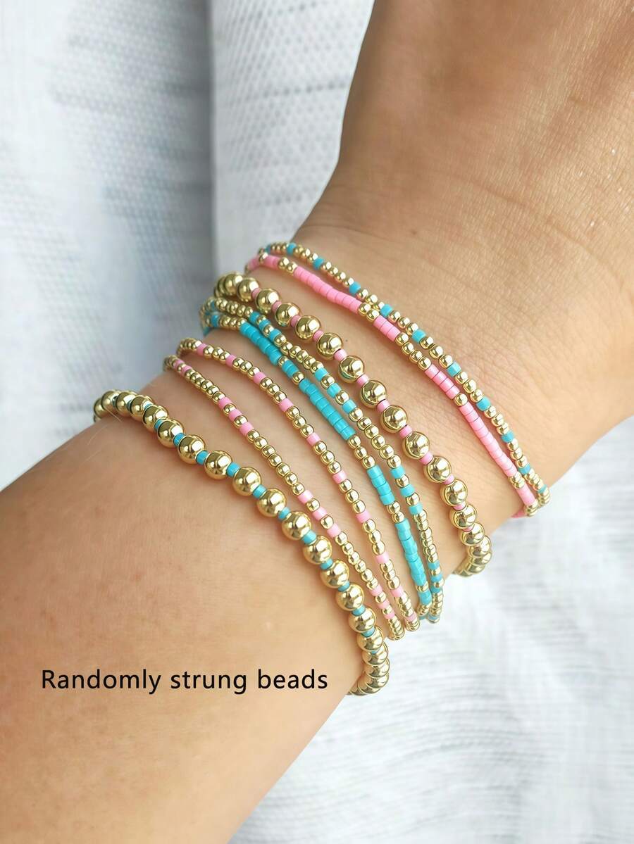 8pcs Handmade Mixed Color Small Beads With Gold CCB Beads Multi-Layer Stacking Elastic Bracelet Set, Women's Vacation Party Jewelry Accessory - Multicolor - View 1