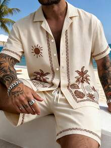 Men's Casual Fashion Outfit 2 Pieces Set: Short Sleeve Button-Down Shirt & Shorts, Relaxed Vacation Style, Fashionable & Versatile, Cozy Outfits - Apricot - View 4