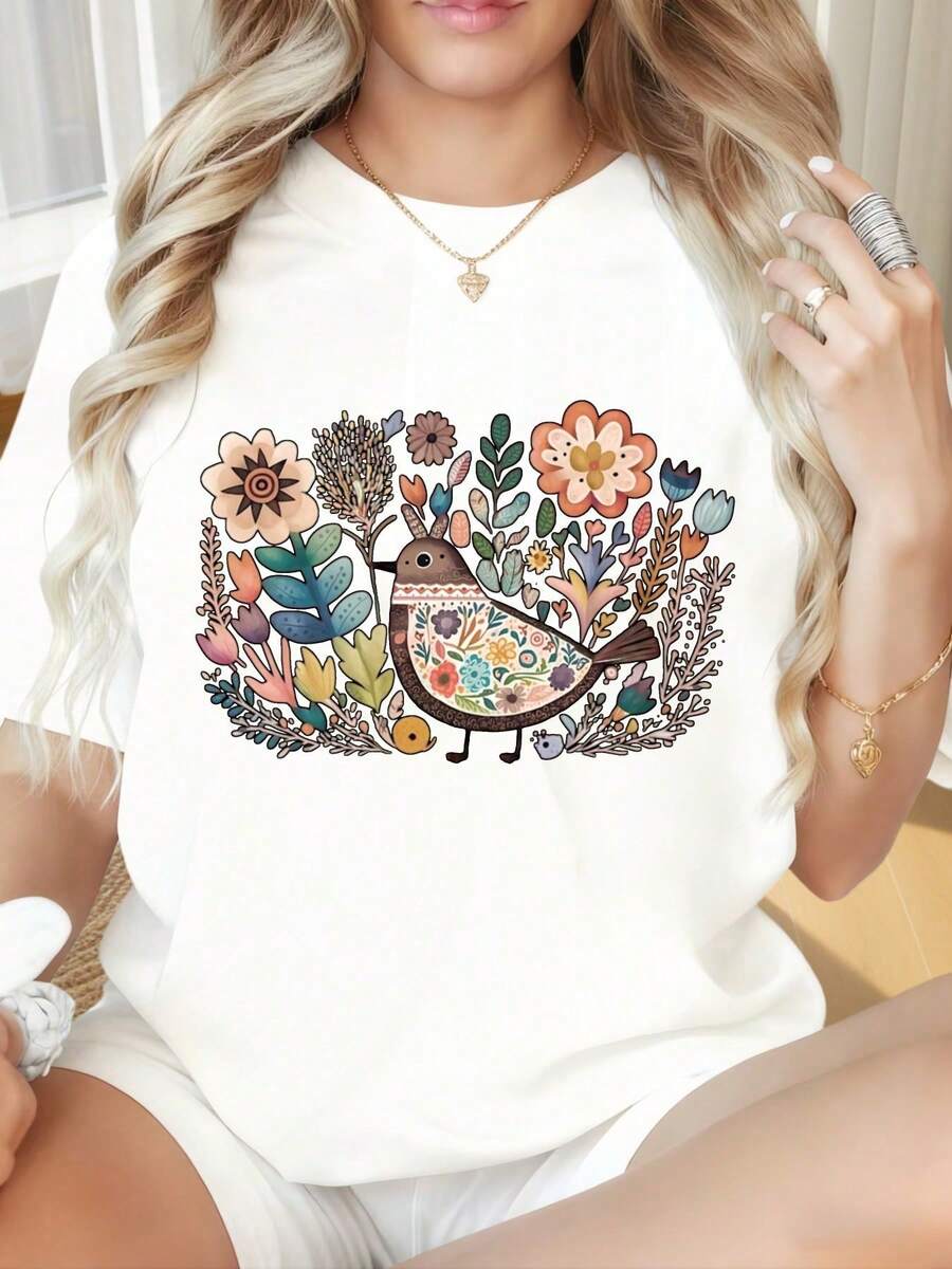 Women's Round Neck Short Sleeve T-Shirt, Fun Floral Bird Print, Black T-Shirt For Women, Casual Style, Short Sleeve, Boho Style, Graphic T-Shirt, Fashionable Summer Clothes, Suitable For Valentine's Day, Christmas Parties, Sports Activities, Holiday Parties, Outings, Sports And Other Festive Gifts (220g). - 白色 - 查看 1