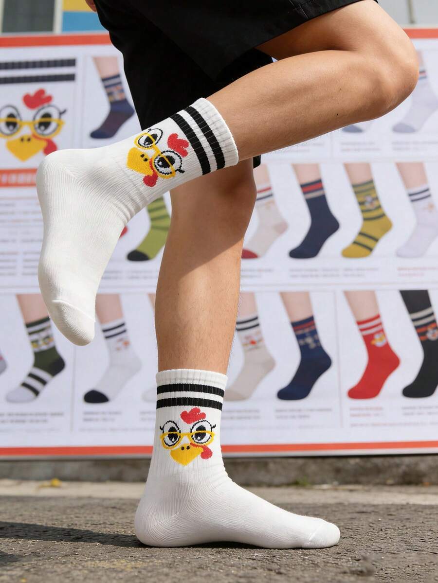 1/3 Pairs Men's Spring/Summer Creative Cartoon Chicken Soft Comfortable Versatile Outdoor Sports Mid-Calf Socks - Multicolor - View 1