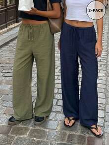 Summer Bestie 2-Piece Set Green & Navy Blue Wide Leg Pants, Elastic Waist Drawstring Loose Drapey Casual Pants, Lightweight Breathable Linen Texture Slouchy Women's Long Pants - Green and Navy Blue - View 9