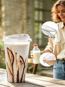 Iced Coffee Cup With Lid, Transparent Plastic Cup With Strawless Direct Drinking Lid, Round Bottom Takeout Cup, Suitable For Iced Coffee, Juice, Milkshake, Cold Drinks - Multicolor - View 6
