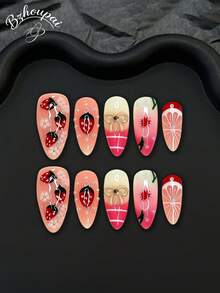 LIVENTO 10pcs/Set Press On Nails, Kawaii Sweet Style Almond Fake Nails Combining Handcrafted Strawberry Print, Round Pearl Embellishment And Sparkling Crystal Bow Ornament, Blended Pink Gradient Background, Handmade Press On Nails Perfect For Daily. - 0908E - 查看 1