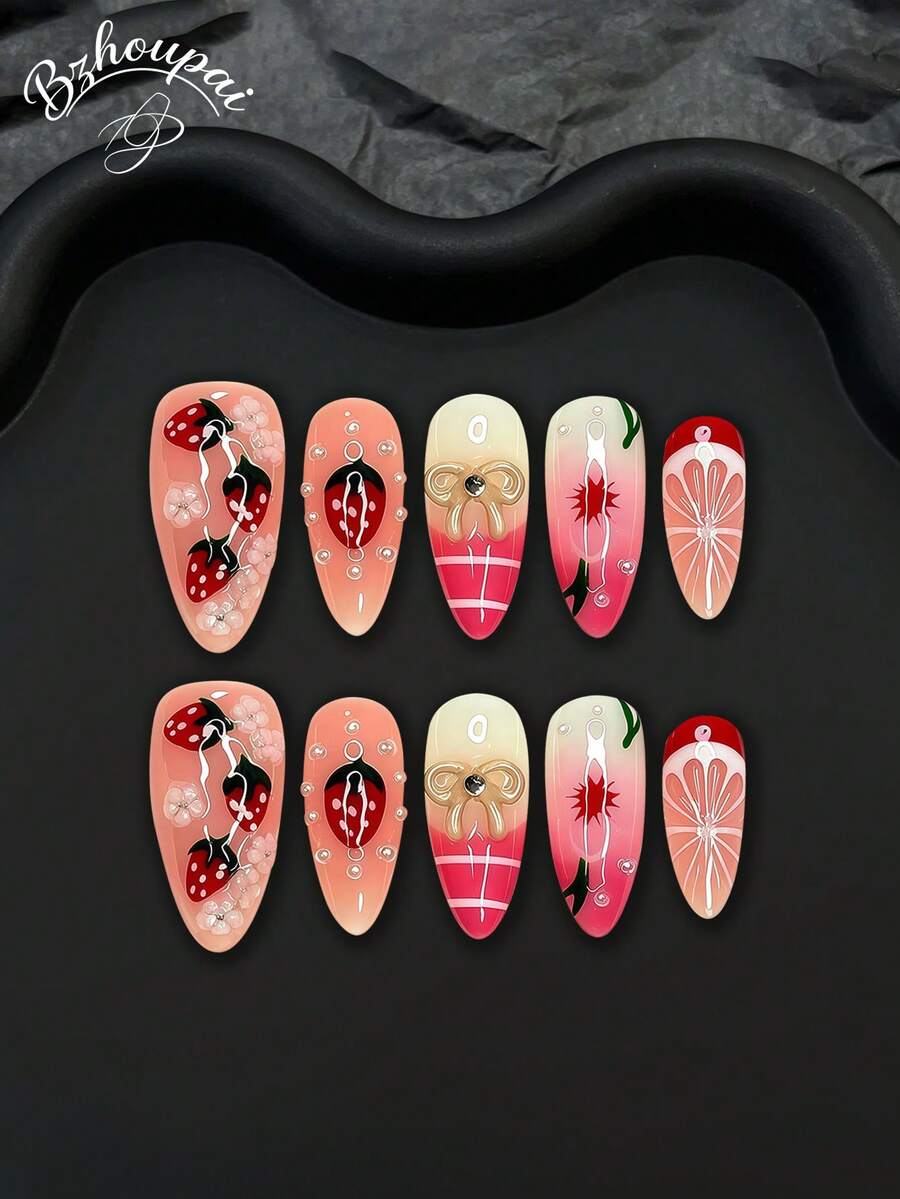 LIVENTO 10pcs/Set Press On Nails, Kawaii Sweet Style Almond Fake Nails Combining Handcrafted Strawberry Print, Round Pearl Embellishment And Sparkling Crystal Bow Ornament, Blended Pink Gradient Background, Handmade Press On Nails Perfect For Daily. - 0908E - 查看 1