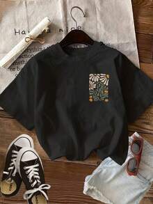 Women's Short-Sleeved Round Neck T-Shirt With Decorative Print, Spring/Summer Casual Top, Women's Clothing, Women's T-Shirt. - 黑色 - 查看 2