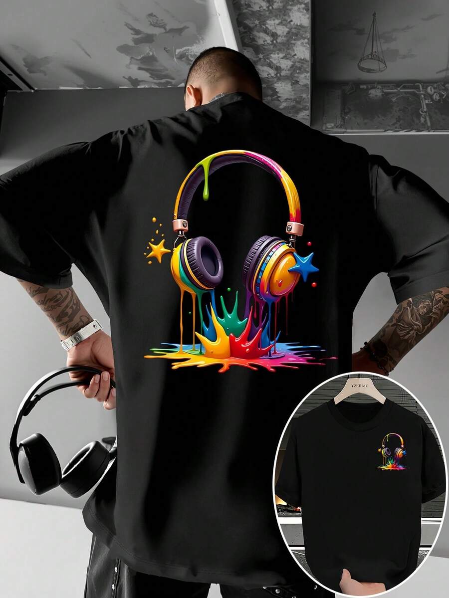 Camiseta de streetwear para hombre, con estampado de auriculares y grafiti, camiseta ligera de verano, adecuada para amantes de la música y entusiastas de la moda urbana, ropa casual, tela cómoda, camiseta para rave, camiseta para hombre. - Negro - Ver 1