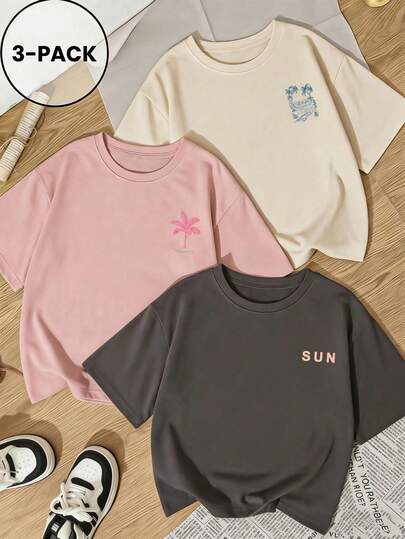 3pcs/Set Women's Summer New Fashion Letter Print Loose Casual T-Shirts, Versatile Daily Casual Wear