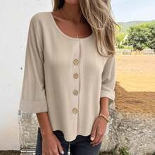 2025 New Loose-Fit T-Shirt For Women, Round Neck Cotton-Linen Button-Up Cardigan Shirt - White - View 3