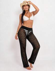 Knitted Beach Cover-Up Pants With Elastic Tie-Up Fishnet - Black - View 2