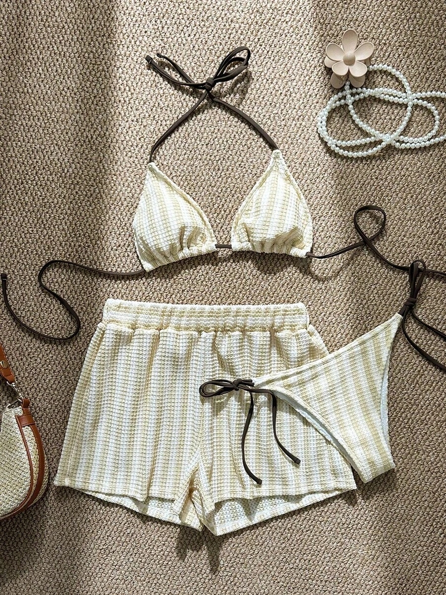 Swim Vcay Set de 3 piezas de cubrecosturas de crochet con cordón estilo boho para bikini - Amarillo claro - Ver 1