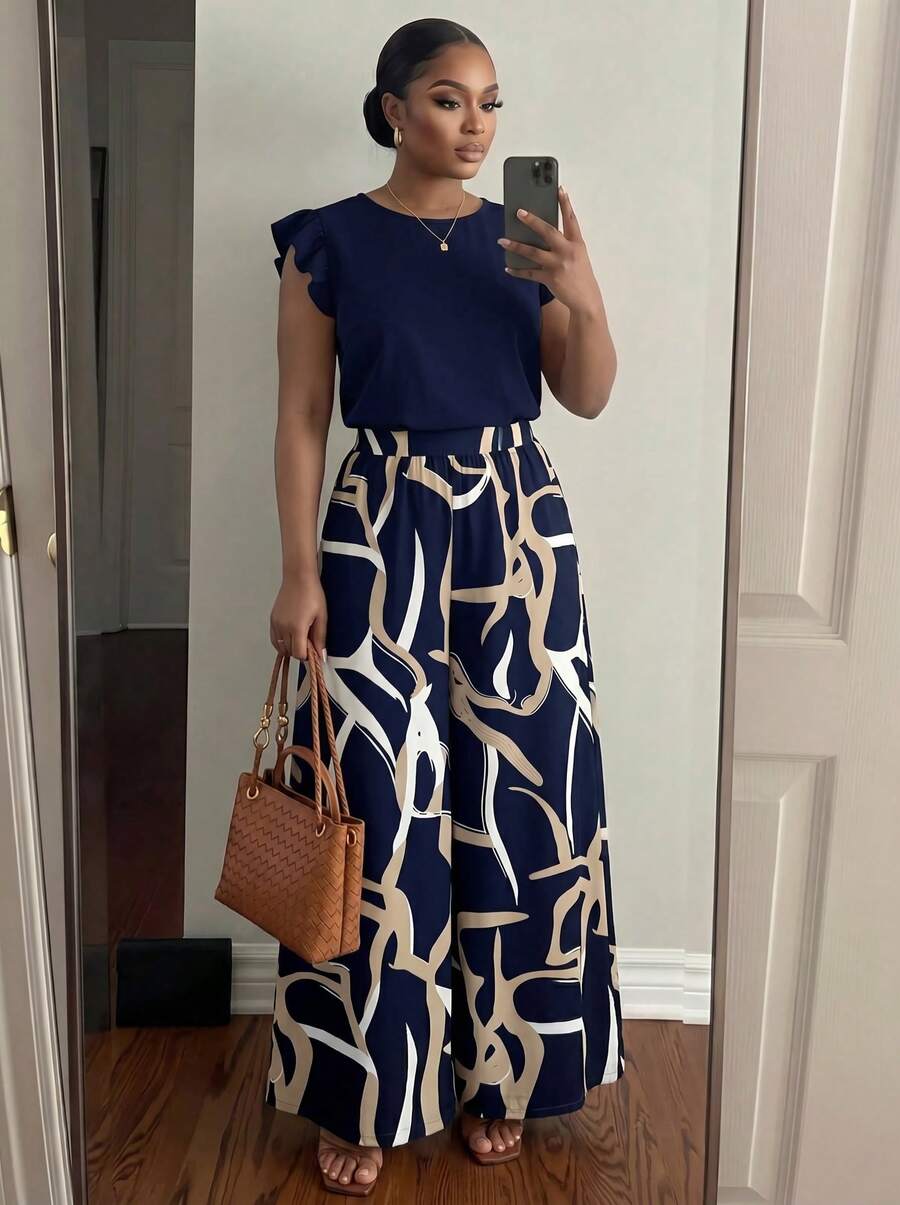 SHEIN Lady CURVE 两件套加大码女式休闲简约圆领荷叶袖衬衫和印花长裤套装 - 彩色 - 查看 1