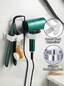 Soporte de pared 3 en 1 para secador de pelo y rizador, organizador sin taladro para plancha de baño, estantería ahorradora de espacio para almacenamiento de herramientas para el cabello, accesorios de baño - Negro - Ver 2