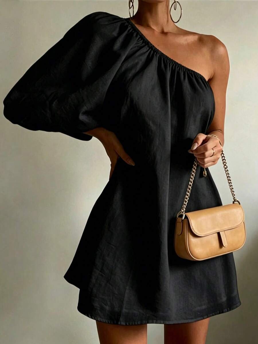 Women's Solid Color Elegant Asymmetrical Beach Vacation One-Shoulder Short Dress Summer Black - Black - View 1