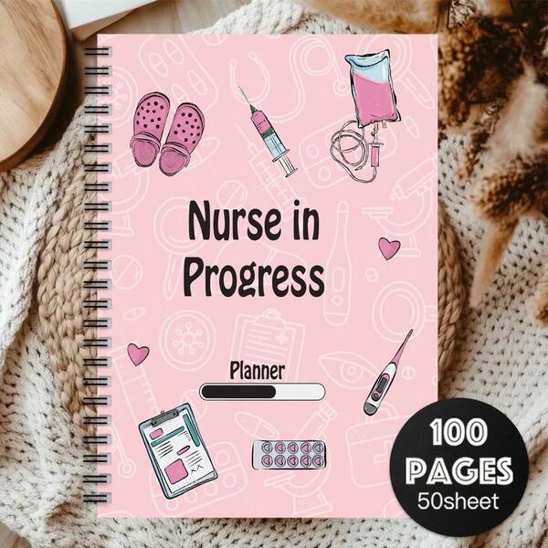 1 Stück ästhetischer Krankenschwester-Planer & medizinisches Tagebuch - Pflegeheft mit Spiralbindung, rosa & schwarzes medizinisches Thema, Stethoskop & Spritzen-Design, Planer für Krankenschwestern, Pflegestudenten
