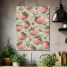 Póster plano 2D, 2D plano, 1 pieza sin marco, lienzo con tema de fresas de primavera, decoración romántica para bodas, impresión plana 2D multicolor vibrante, decoración para dormitorio, cocina, oficina, sala de estar de granja, listo para colgar, decoración perfecta para la habitación - Enmarcado - Ver 4