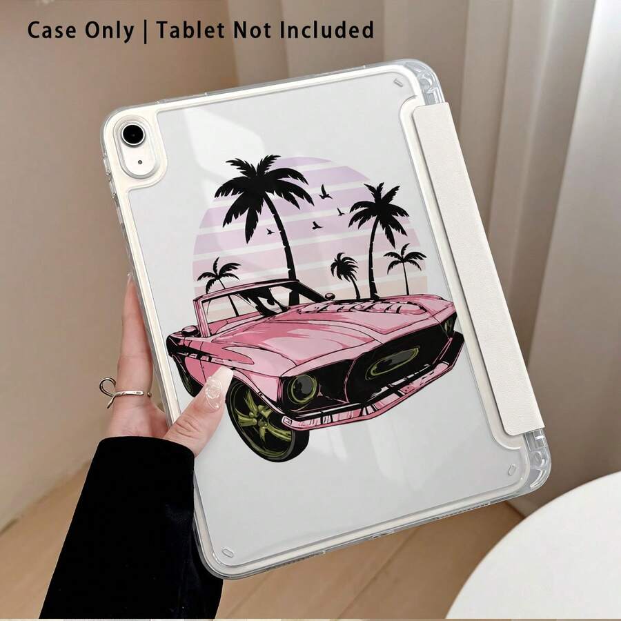 Funda protectora de tableta de cristal acrílico con efecto pintado de patrón de coche deportivo rosa y palmera, con soporte, plegable anti-doblez, esquinas reforzadas de silicona, función de activación/suspensión automática, ranura para lápiz integrada, soporte plegable multiángulo - Multicolor - Ver 1