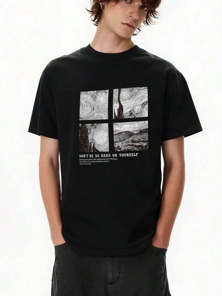 Herren--Shirt mit Rundhalsausschnitt und Wendemotiv für Frühling und Sommer, stilvoll und - Schwarz - Übersicht 1