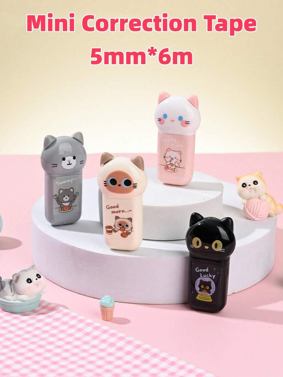 1/4/8pcs Mini Correction Tape, Cute Cat Portable Sized Cap Type, Cartoon Kitties 5mm*6m White Tapes For Correcting, Student Back To School Gift, Office Supplies - Mini Sized - View 1