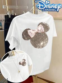 Officially Licensed By Disney. New Women's Casual T-Shirt With Ribbed Round Neck, Short Sleeves, And A Minnie Mouse Ear And Bow Print. A Versatile Retro-Style T-Shirt, Suitable For Spring, Summer, And Autumn. Available In Sizes XS-XXL - trắng - Xem 1