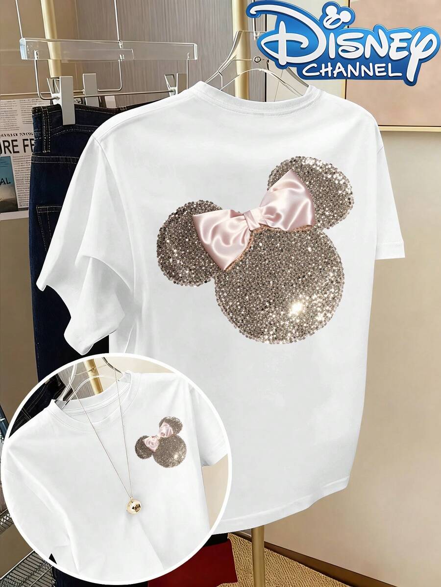 Officially Licensed By Disney. New Women's Casual T-Shirt With Ribbed Round Neck, Short Sleeves, And A Minnie Mouse Ear And Bow Print. A Versatile Retro-Style T-Shirt, Suitable For Spring, Summer, And Autumn. Available In Sizes XS-XXL - trắng - Xem 1