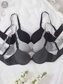 3pcs Women's Comfortable Sleep Bra, Multi-Color, Underwire, Cotton Soft Cup, Solid Color, Push-Up Bra [Designed For Flat Chest] - Multicolor - View 1