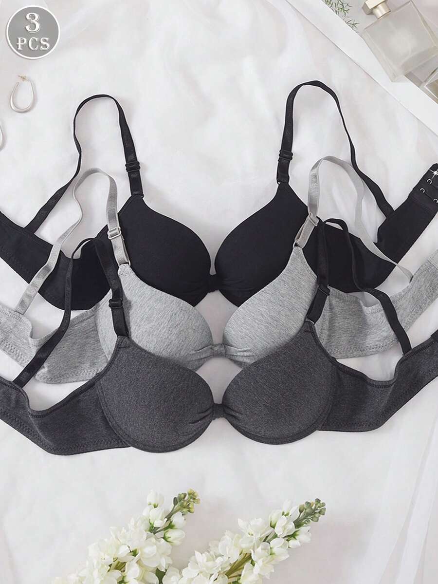 3pcs Women's Comfortable Sleep Bra, Multi-Color, Underwire, Cotton Soft Cup, Solid Color, Push-Up Bra [Designed For Flat Chest] - Multicolor - View 1