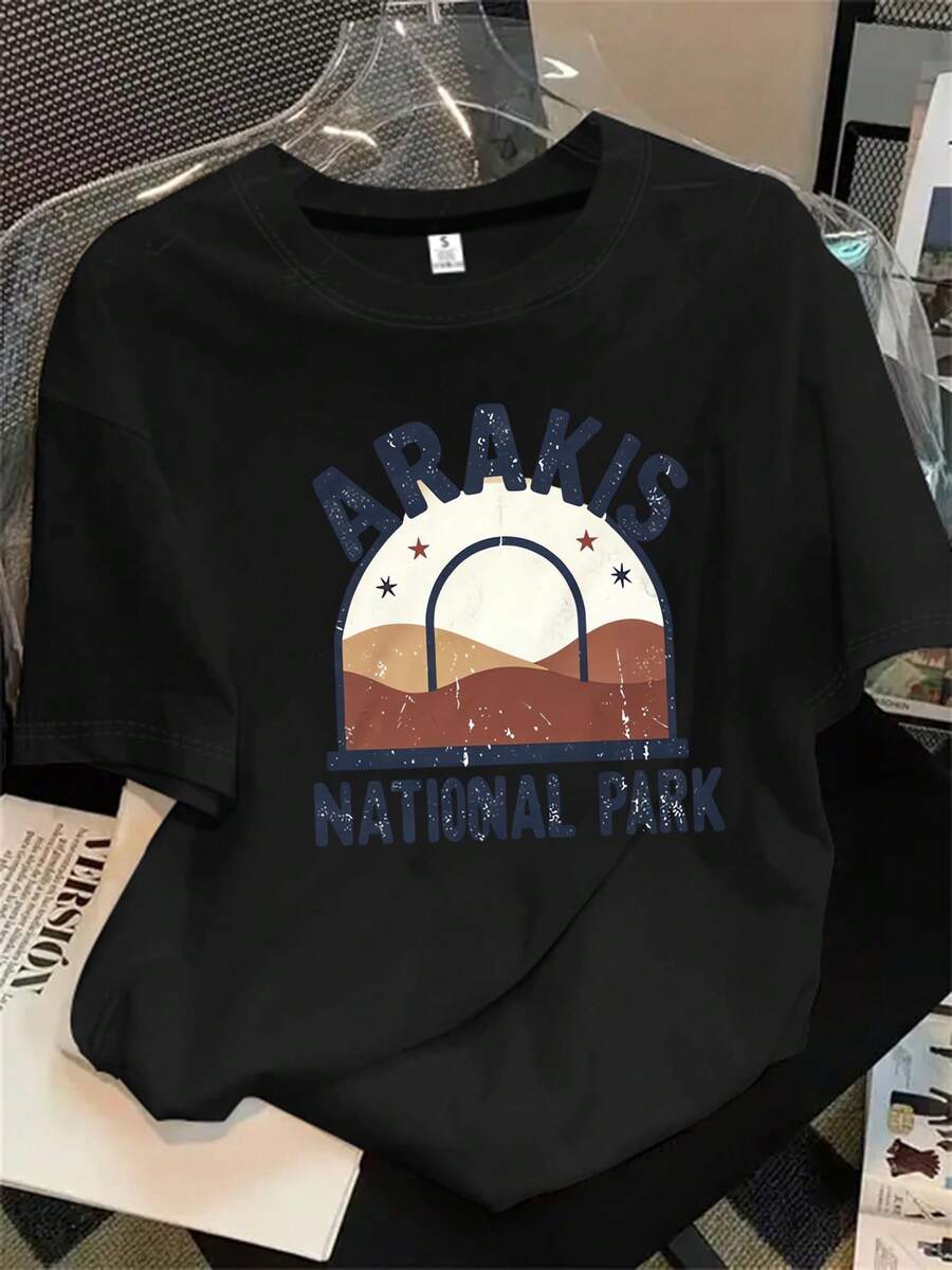 Camiseta de manga corta con cuello redondo para mujer, diseño con el logo del parque nacional, estampado del logo, apta para todas las estaciones. - Negro - Ver 1