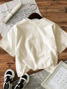 Minimalist. 100% Cotton. Graphic Print T-Shirt, Short Sleeve, Crew Neck, Casual Top For Summer And Spring, Women's Clothing. Spring/Summer Top. - 白色 - 查看 2