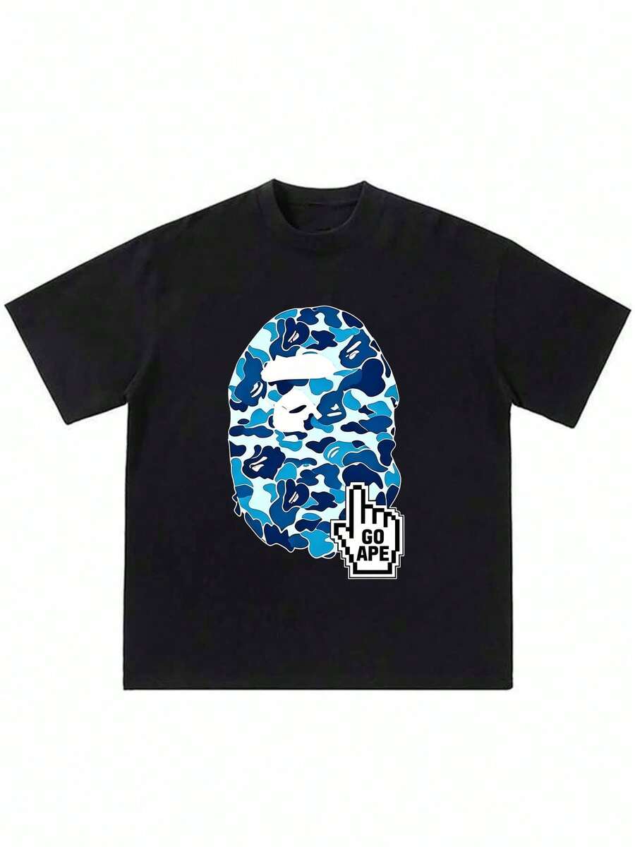 Men's Versatile Fit T-Shirt, Breathable Cotton T-Shirt For Men, Men's Graphic T-Shirt - Black With Blue Mask Print - Lightweight Summer Shirt For Daily Wear And Themed Events - Breathable Crew Neck T-Shirt - Essential Casual Streetwear, Event Clothing, Bold Print Top, Comfortable Fit, Street Style, Design, Soft Material, Printed Top, Young Adults 100% Cotton, 220g Fabric, Gift For Dad, Christmas Gift, Concert Outfits, Maternity Teacher Shirts,  Cachorro Feliz Teacher Appreciation Gifts, Going Out Outfits, Graduation Work Tops For Women, Beach Outfits For Women. - Đen 5 - Xem 1