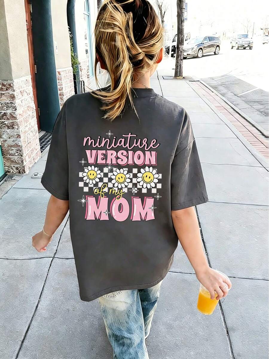 Tween Girl Funny "MINIATURE VERSION OF MY MOM" Cartoon Print T-Shirt, Suitable For Girls' Daily Wear, Mother-Daughter Matching And Special Occasions, Cute And Fashion Top For Girls In Summer - Dark Grey - View 1