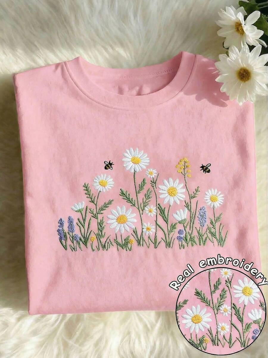 Diseño de bordado de girasol, estampado floral vibrante, conjunto de primavera y verano para mujer, camiseta casual de cuello redondo y manga corta para mujer - Rosa Pálido - Ver 1