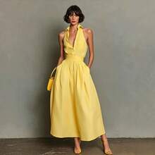 2026 Summer Solid Color Casual  Sexy Sleeveless Shirt Collar Dress For Women Loose Fit Mini Length Elegant Office Party Streetwear - 檸檬黃 - 查看 1