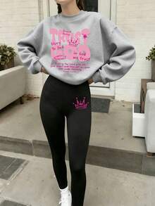 Tween Girl Casual Comfortable Crew Neck Long Sleeve Sweatshirt & Leggings, Suitable For Autumn/Winter Daily Wear, Outings, Girly Style - Grey - View 2